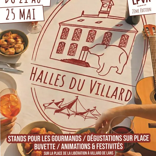 Advertisement poster for the Les Halles du Villard market featuring illustrations of dishes and food products