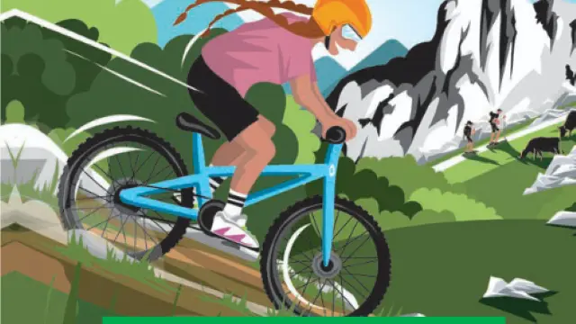 Cycliste en tenue colorée sur un vélo de montagne en pleine descente sur un sentier forestier