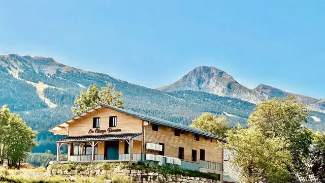 Chalet en bois avec terrasse en pierre, entouré de montagnes et de conifères
