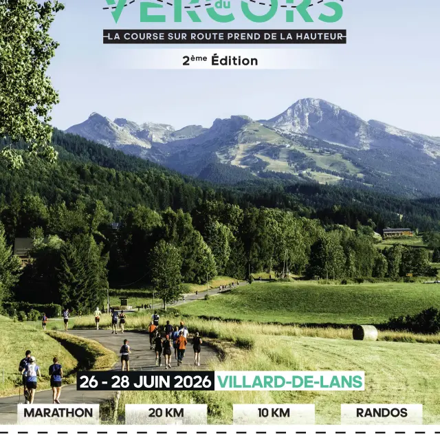 Vercors Marathon poster featuring runners competing in a mountain landscape