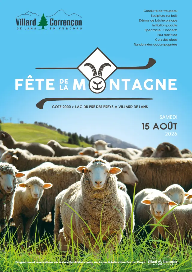 Manifesto della Festa di montagna con mucche in un prato e montagne sullo sfondo