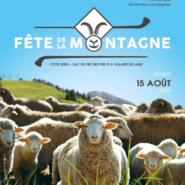 Manifesto della Festa di montagna con mucche in un prato e montagne sullo sfondo