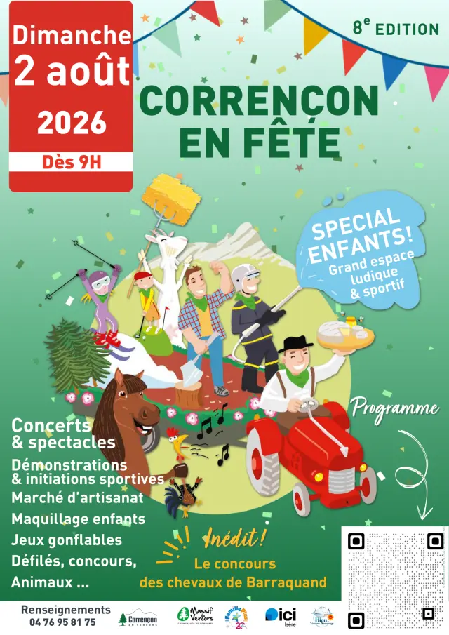 Affiche colorée annonçant le festival Corrençon en Fête 2026 avec des animations pour enfants, des spectacles et des activités sportives
