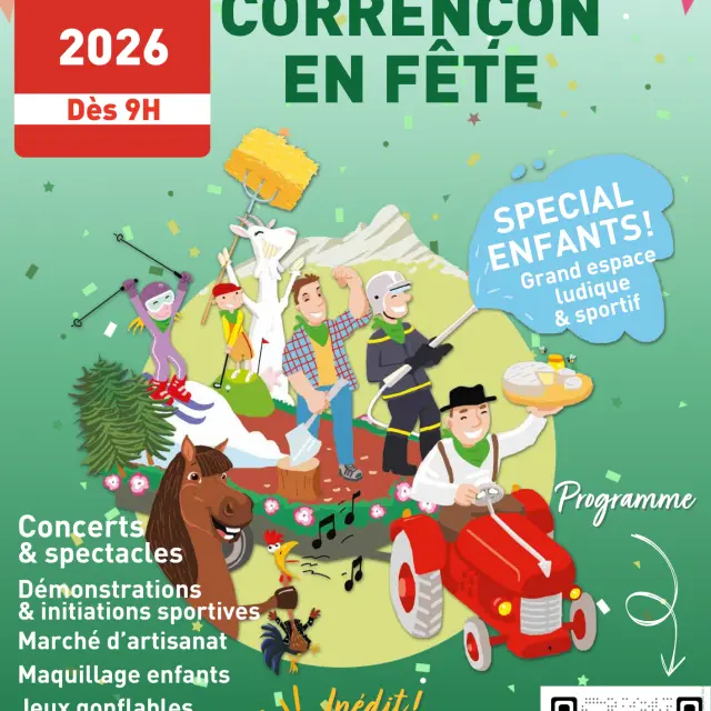 Colorful poster advertising the Corrençon en Fête 2026 festival with children's activities, shows, and sports events